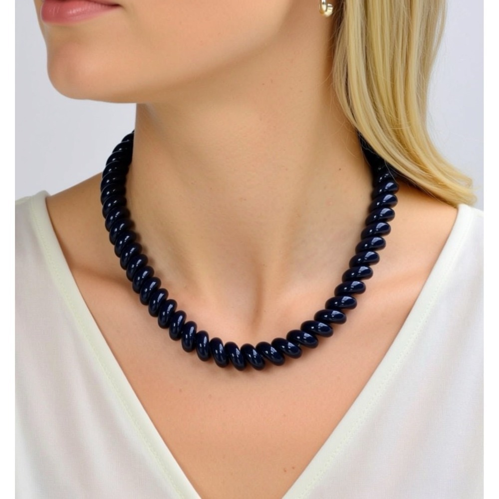 Napier Navy Blue Twisted Bead Necklace Vintage Gold Clasp Retro Minimalist 90s - Picture 2 of 5